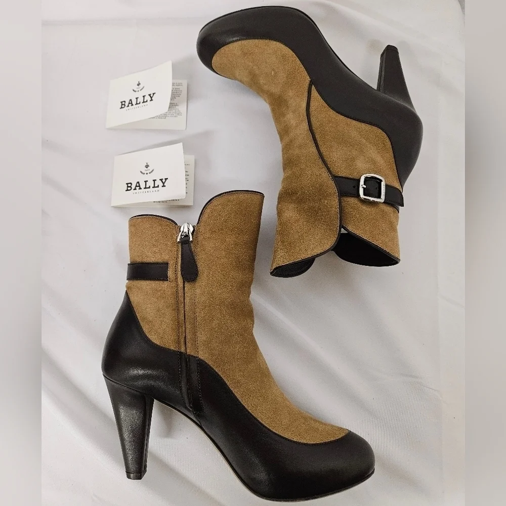 Bally Chanya Suede And Leather Heel Boots In Tan And Brown US Sz 6 EU Sz 36.5 - Picture 4 of 15
